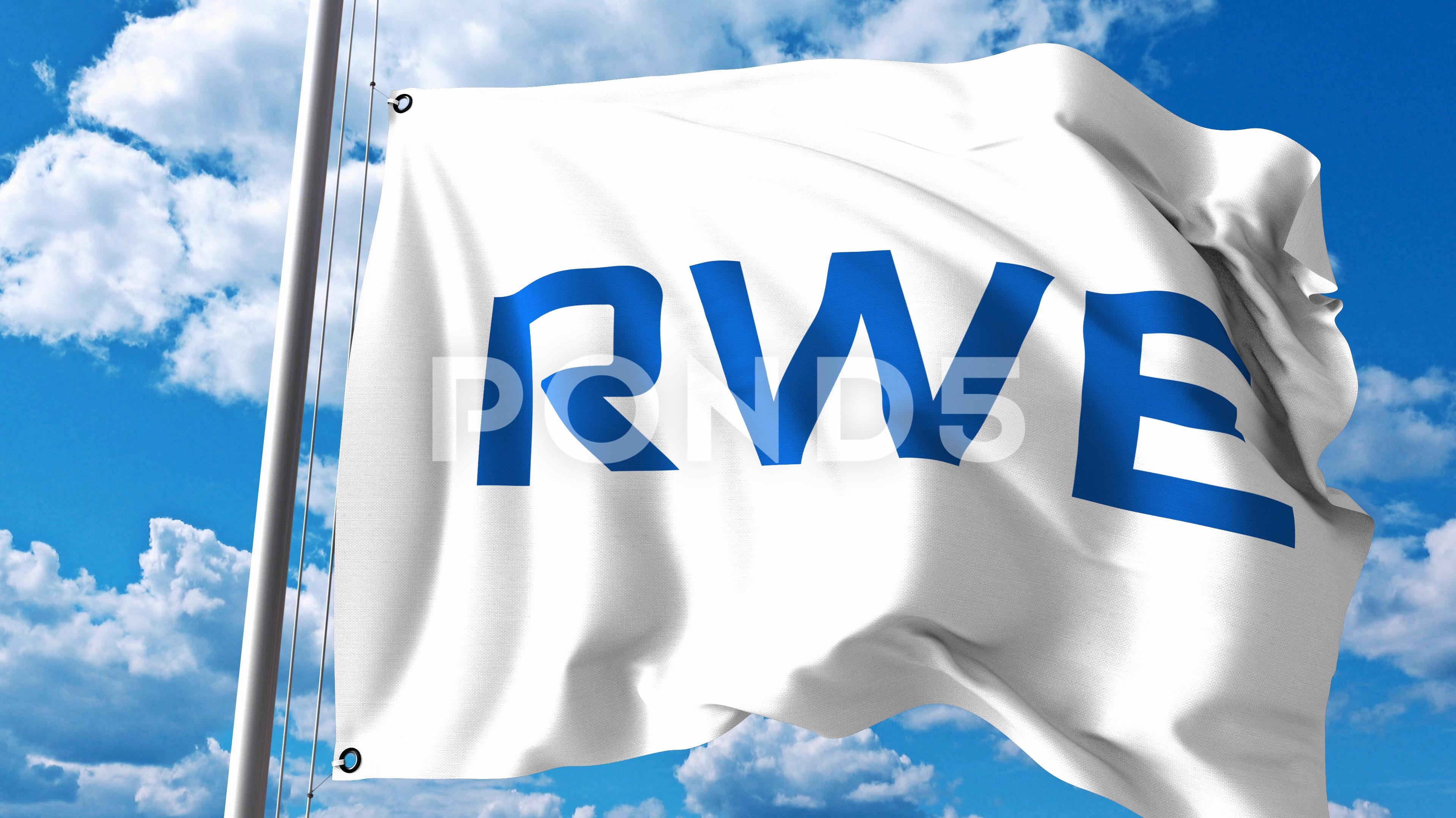 RWE AG Logo - Waving flag with RWE AG logo against clouds and sky. 4K editorial ...