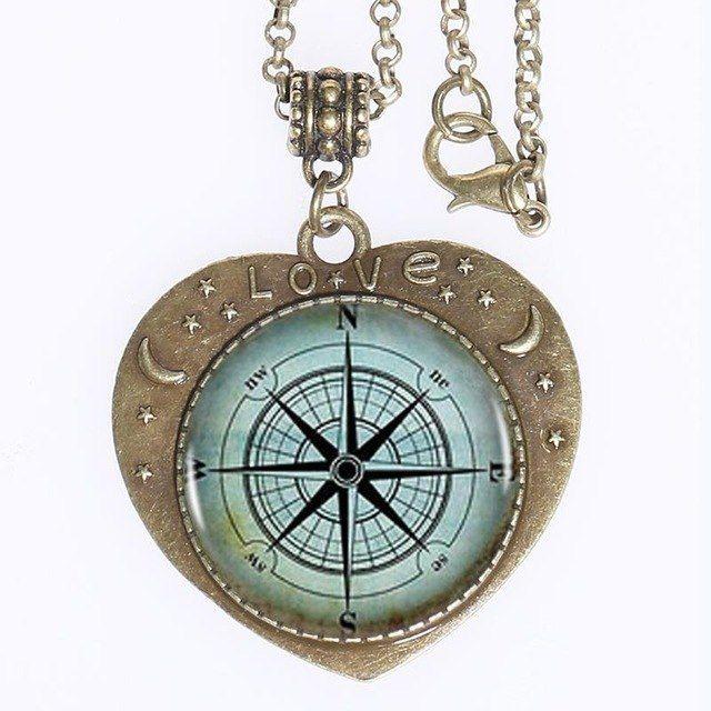 Nautical Compass Logo - 1pcs Lot Nautical Compass Logo Pendant Necklace Heart Vintage Bronze