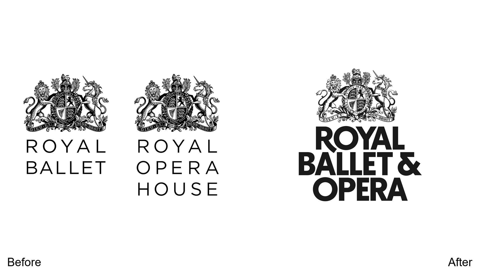 Royal Ballet and Opera logo redesign before and after