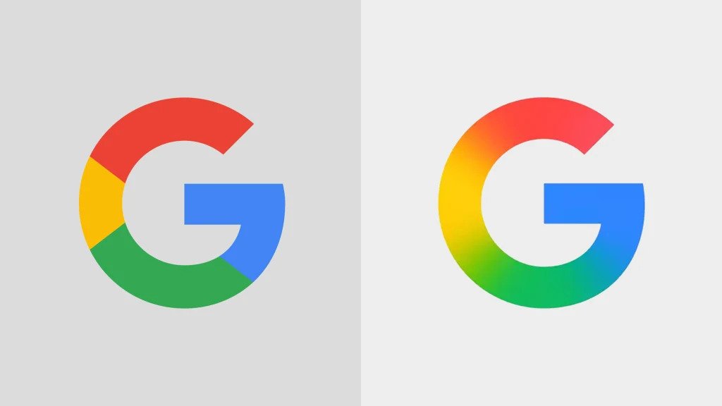 Comparison of old Google G logo with solid color blocks versus new version with blended gradient
