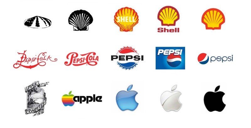 Collage of famous logo redesigns including Apple, Google, and Instagram