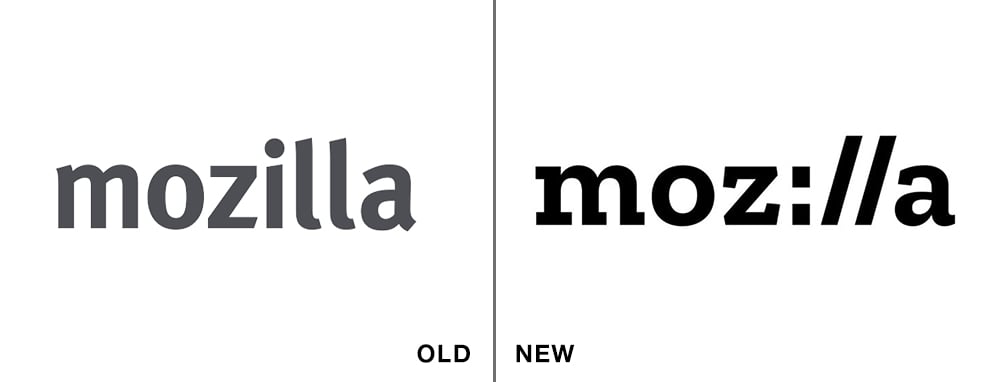 Mozilla logo redesign comparison: old Mozilla wordmark vs Moz://a wordmark