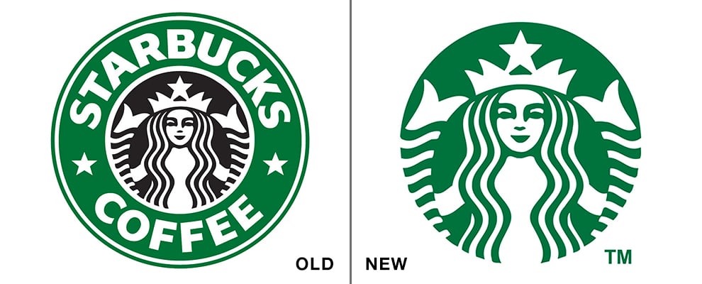Starbucks logo redesign comparison: old circular badge with text vs newer simplified siren-only mark