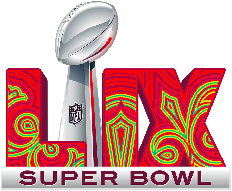 Super Bowl LIX 2025 logo with Mardi Gras-inspired pattern in Roman numerals