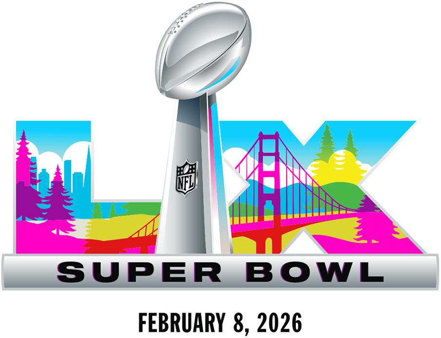 Super Bowl LX 2026 logo with Bay Area landmarks