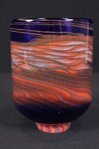 Blue Orange Red Swirl Logo - Steven Main 1992 Signed Art Glass Footed Vase Cobalt Blue Orange Red