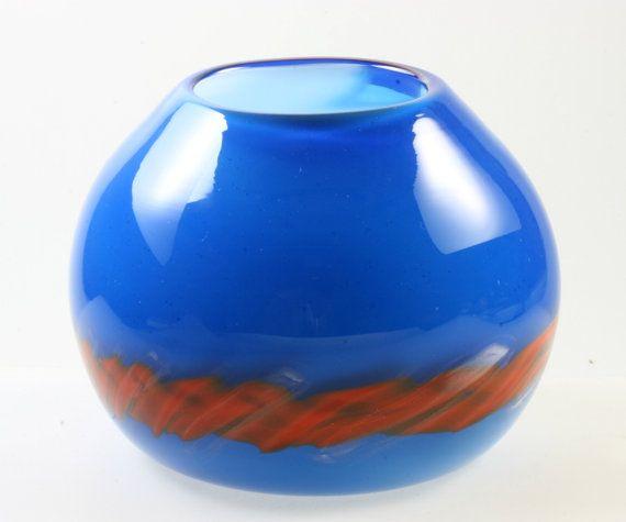 Blue Orange Red Swirl Logo - Hand Blown Opaque Blue Closed Glass Bowl with White Interior and Red ...