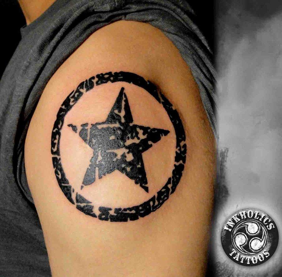 Black Star with Circle around Logo - Black Star In Circle Tattoo On Left Shoulder