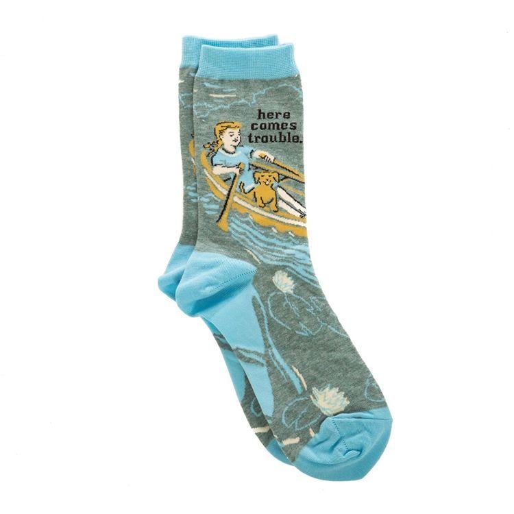 White and Blue Q Logo - Blue Q Here Comes Trouble Women's Crew Socks