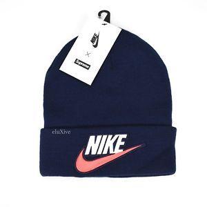 Navy Blue Nike Logo - NWT Supreme NY x Nike Men's Navy Blue Logo Patch Beanie Knit Hat ...