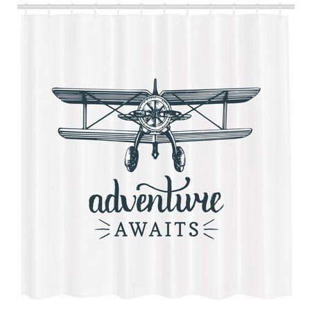Airplain Logo - Adventure Awaits Shower Curtain, Vintage Airplane Logo with Freedom ...