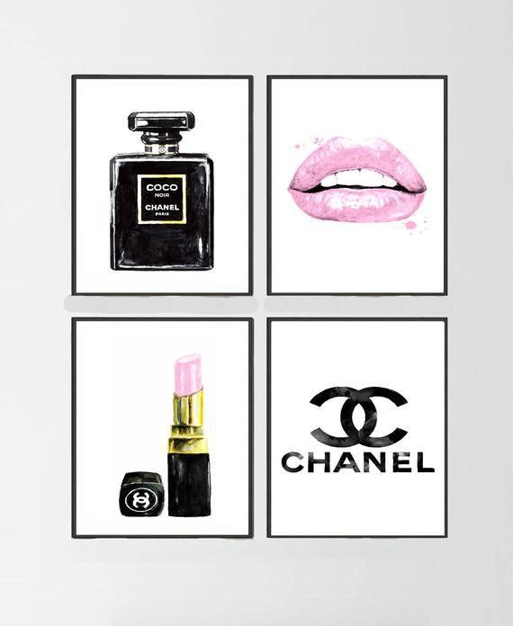 Chanel Perfume Logo - Chanel Noir perfume set of 4 Chanel lipstick Chanel logo art | Etsy