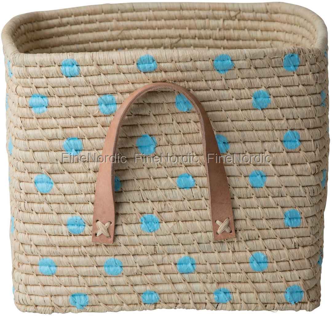 Blue Dots Square Logo - Rice Small Square Raffia Basket with Painted Blue Dots and Leather ...