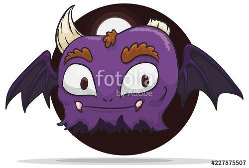 Cute Vampire Logo - Flying Cute Smiling Vampire Monster with Horns, Vector Illustration