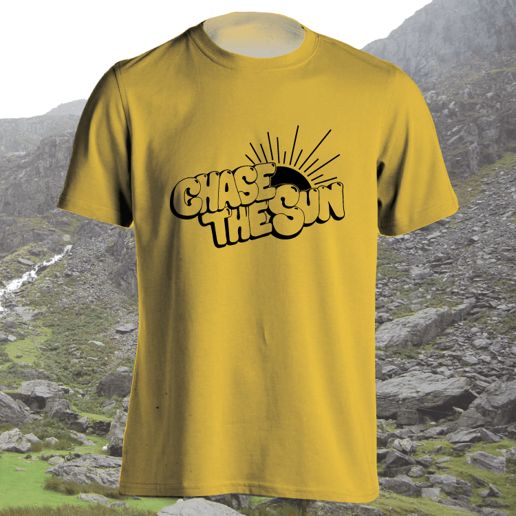 Guy with Yellow Sun Logo - Chase The Sun, Guys, Tshirt, adventure, explore, sunshine – Pen and ...