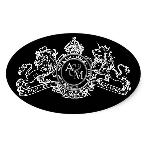 Black and White Lion Logo - Black White Lion Unicorn Crown Wedding Emblem Oval Sticker | Black ...