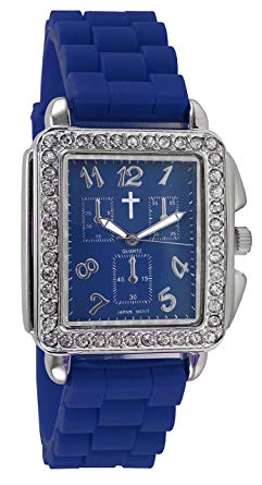 Watch with Blue Cross Logo - Belief Women's. Rinestones Case Blue Face Blue Silicon Band Watch
