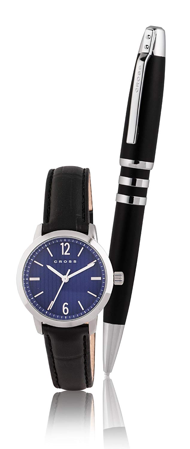 Watch with Blue Cross Logo - Cross Women's Quartz Watch with Blue Dial Analogue Display and Black ...