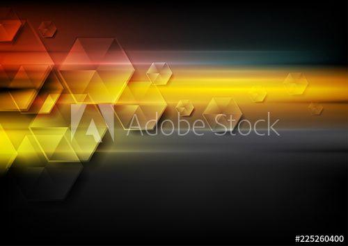 Stripes with Orange Hexagon Logo - Glossy hexagons and glowing stripes abstract tech background - Buy ...