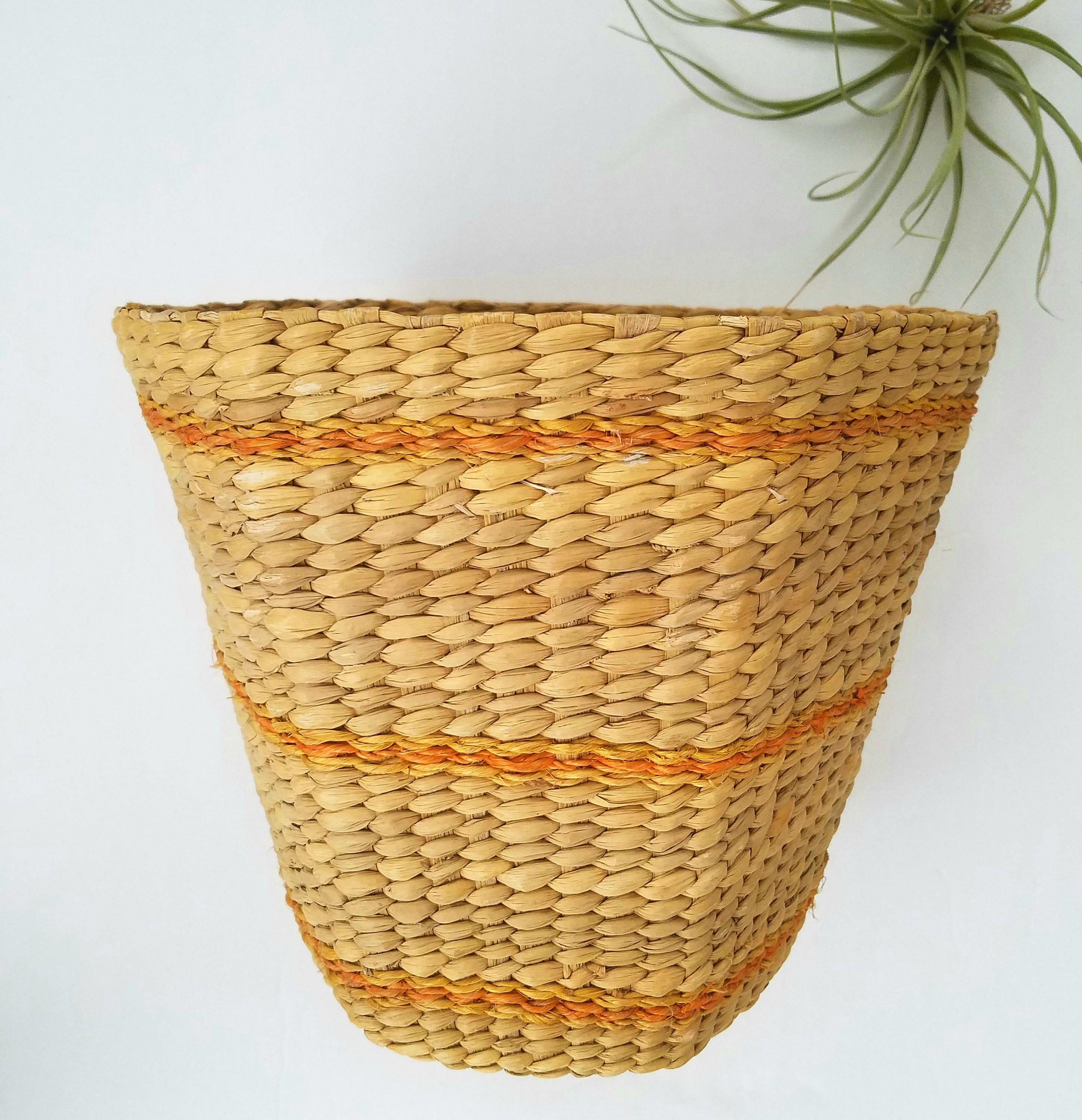 Stripes with Orange Hexagon Logo - Vintage Wicker Hexagon Shaped Orange Striped Basket