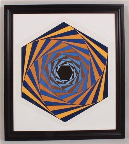 Stripes with Orange Hexagon Logo - Hexagon with Orange and Blue Stripes by Victor Vasarely on artnet