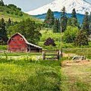 Red Square with White Mountain Logo - Red Barn Green Farmland White Mountain Idyllic Rural Landscape