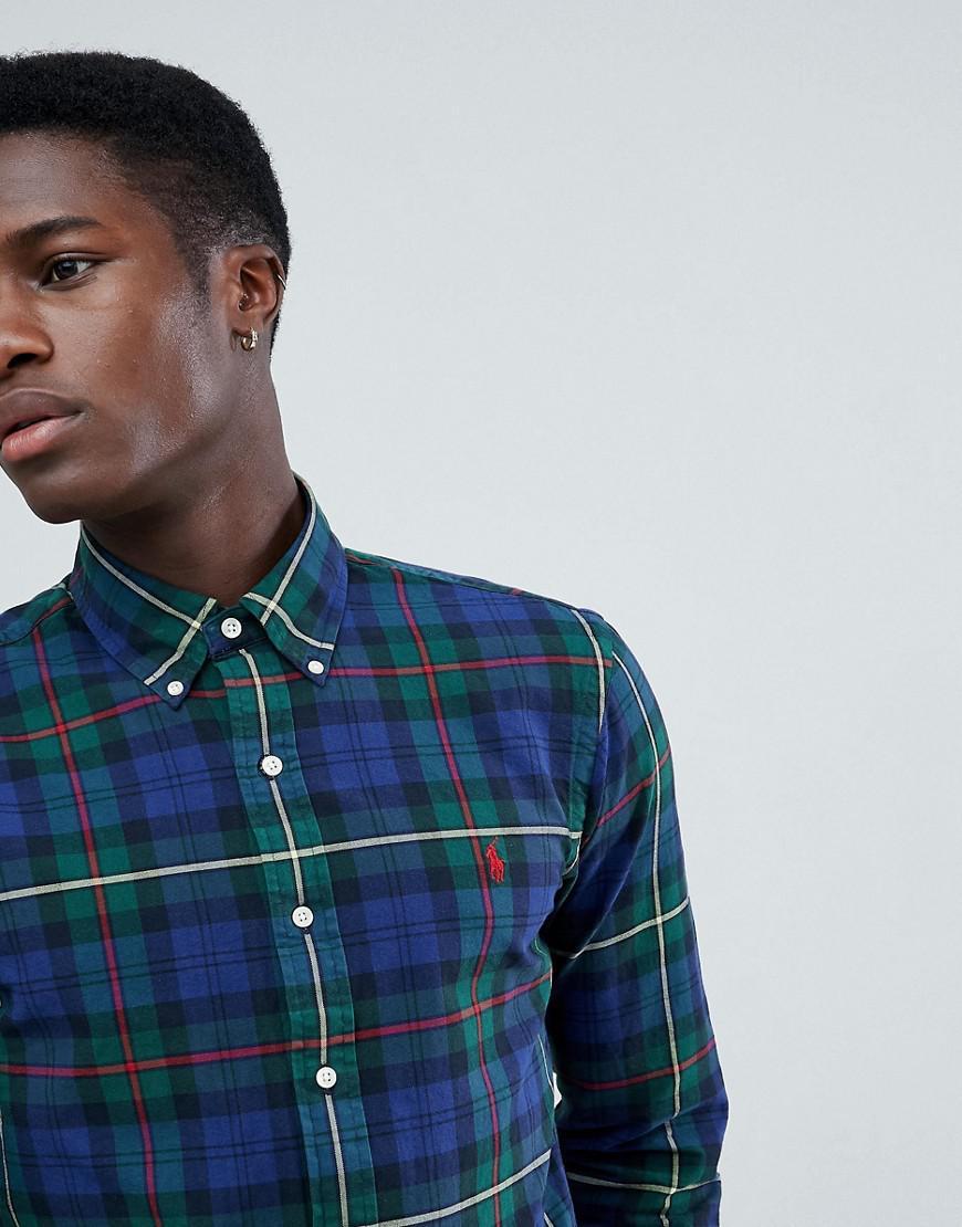 Blue and Green Check Logo - Polo Ralph Lauren Slim Fit Tartan Check Oxford Shirt Player Logo ...