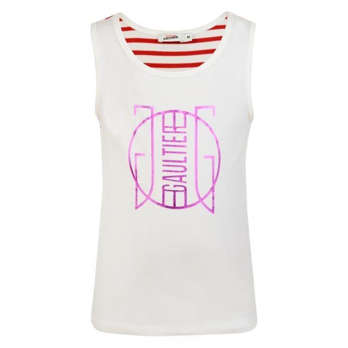 Red Pink Logo - Junior Gaultier Girls Cream Vest with Pink Logo Print and Red ...