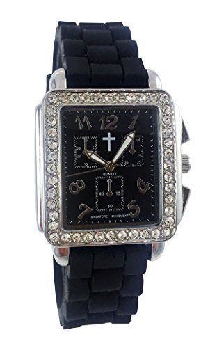 Watch with Cross Logo - Belief Women's. Rinestones Black Face Black Silicon Band Watch