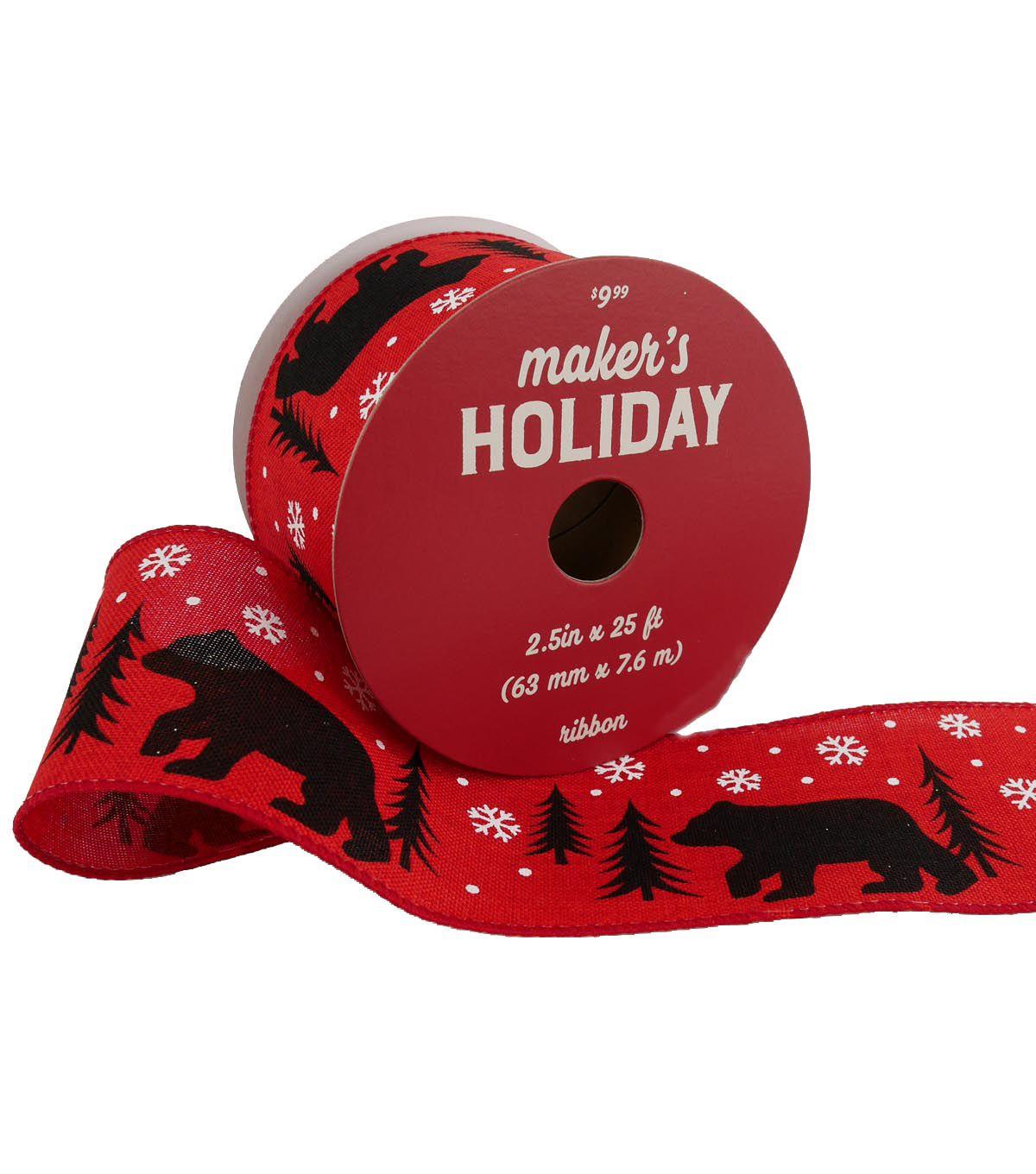 Red and Black Bears Logo - Maker's Holiday Christmas Ribbon 2.5''x25'-Black Bears on Red