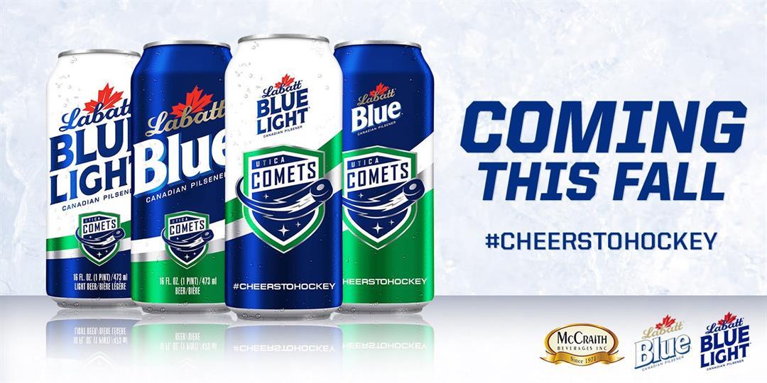 Labatt Blue Logo - Utica Comets unveil promotional Labatt Blue beer cans