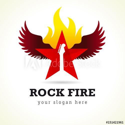 Flaming Birds Logo - Rock star vector logo. Red stained glass flying flaming star, guitar