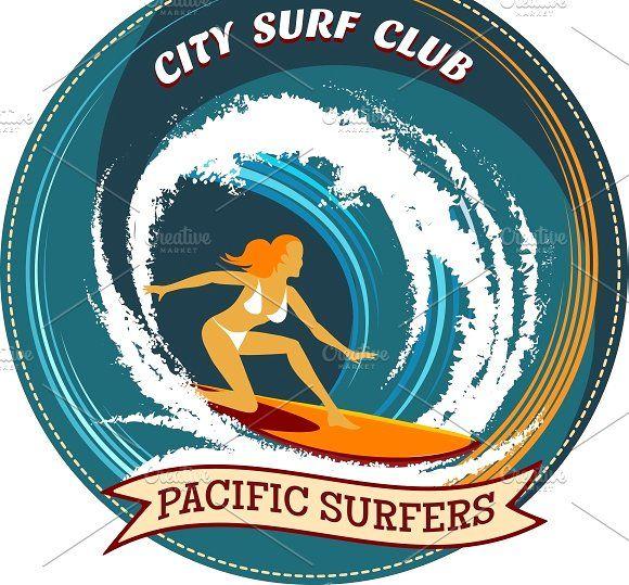 Girl Surf Logo - Surfing badge with girl surfing Illustrations Creative Market