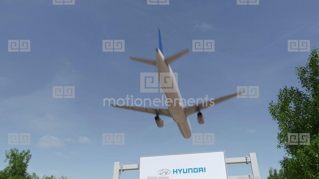 Flying Motor Logo - Airplane Flying Over Advertising Billboard With Hyundai Motor