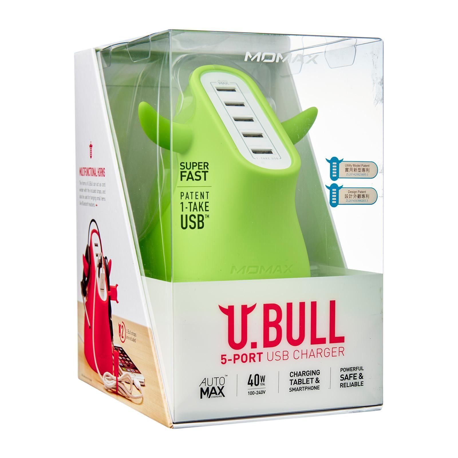 Green U Bull Logo - MOMAX Um5S U.Bull 5 Ports Usb Charger