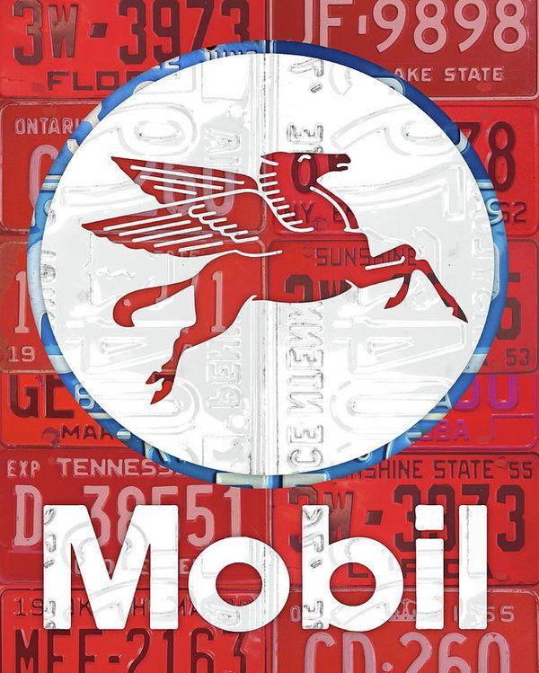 Old Mobil Oil Logo - Mobil Oil Gas Station Vintage Sign Recycled License Plate Art Poster