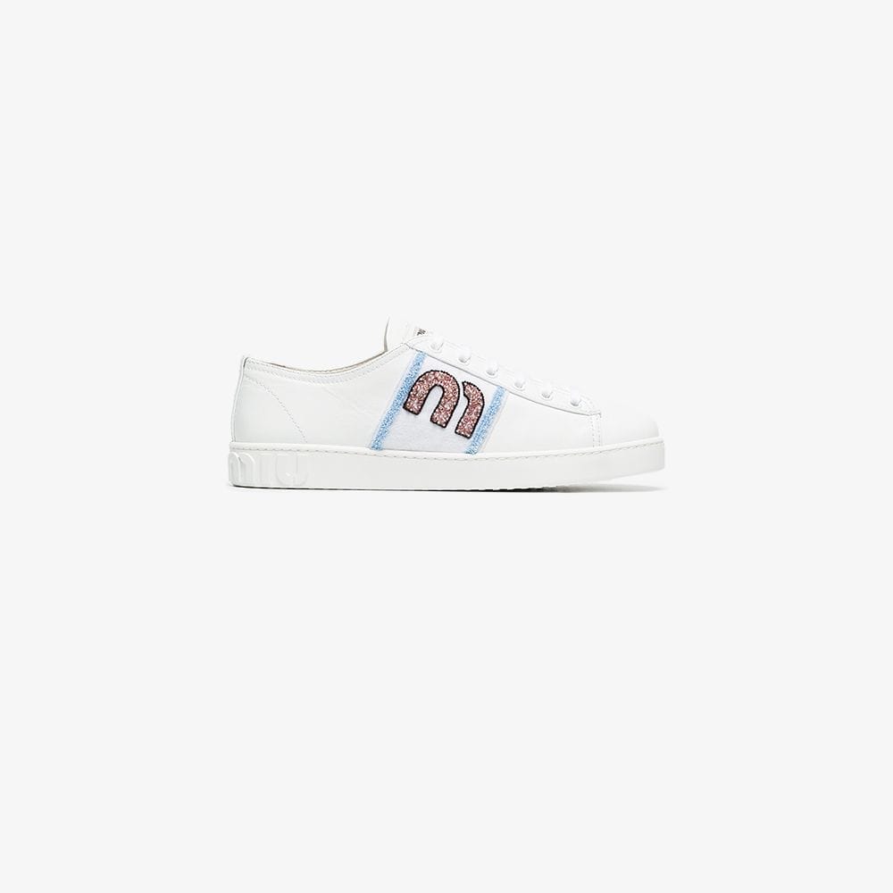 Pink and Blue Logo - Miu Miu white, pink and blue glitter logo leather sneakers