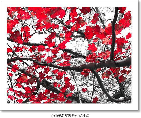 Black and White Tree with Leaves Falling Logo - Free art print of Red Fall Leaves on Black and White. Red Fall