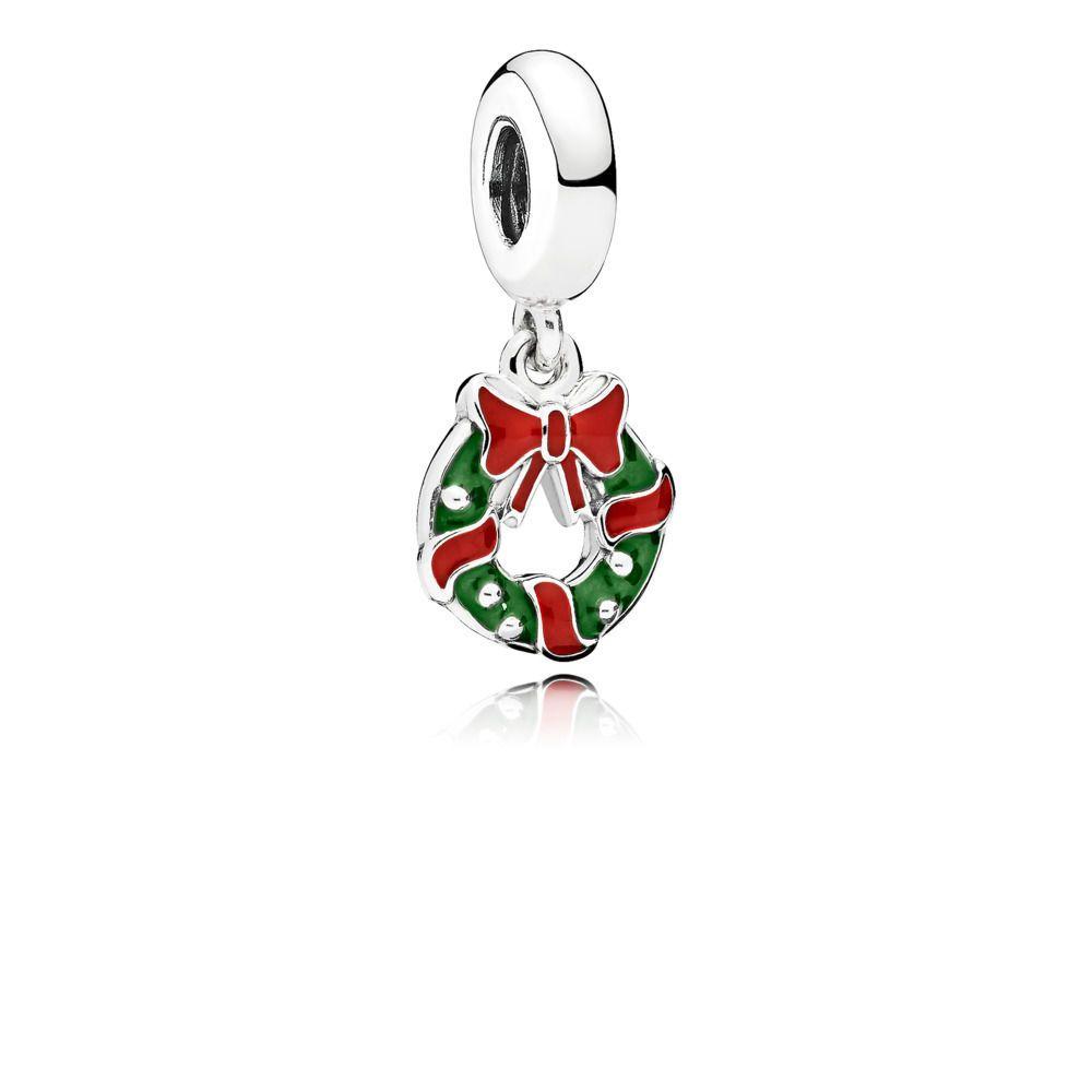 Green Circle with Silver Ball Logo - Holiday Wreath Pendant Charm, Sterling silver, Enamel, Green, Red