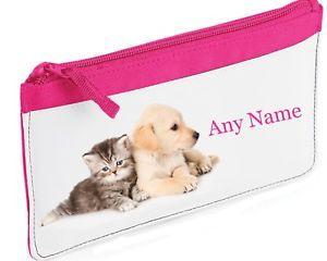 Red Cat Blue Dog Logo - Personalised Cat Kitten And Dog Puppy Pencil Case. PINK BLUE RED