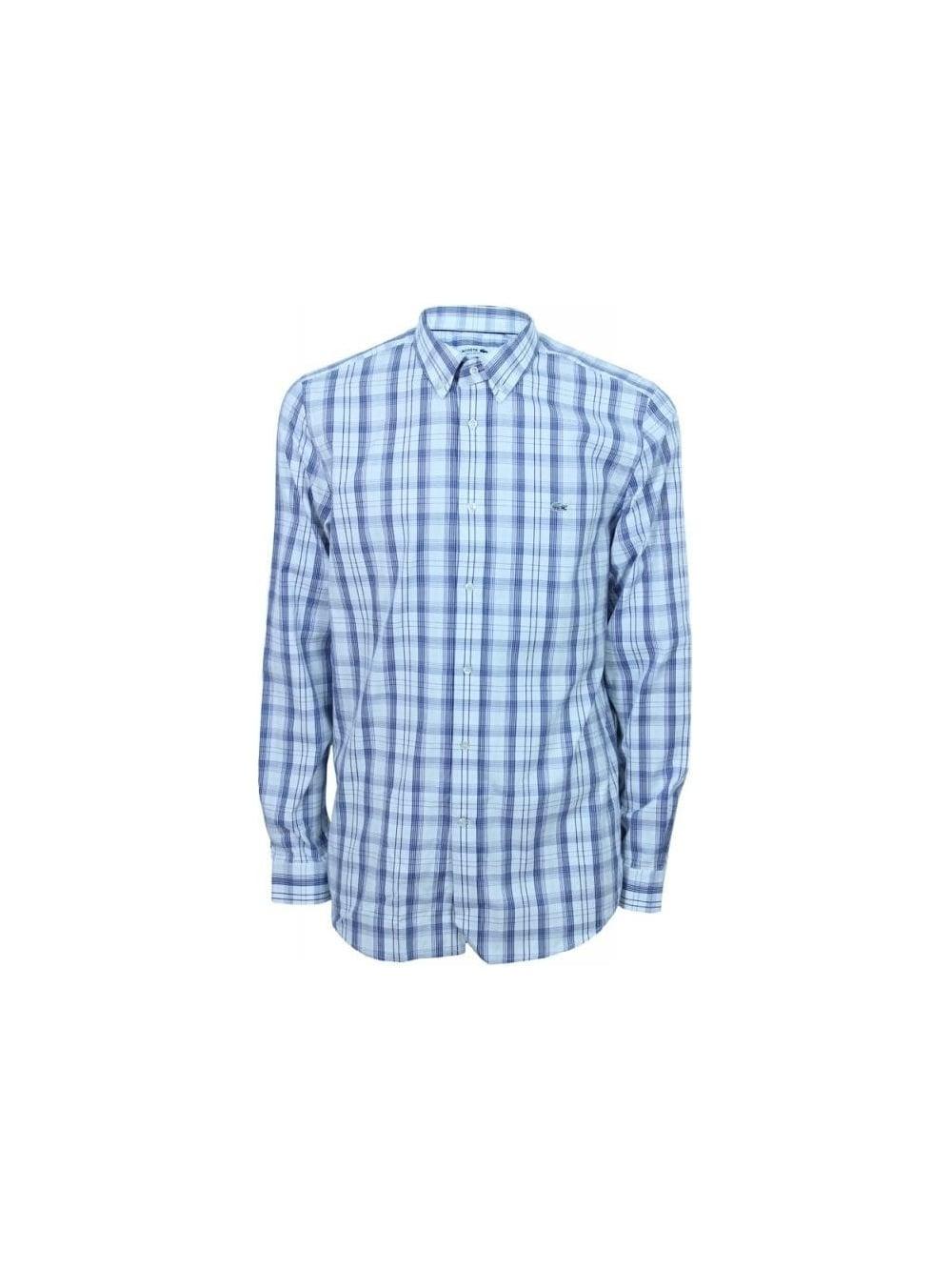 Blue Check Logo - Lacoste Button Down Check Logo Shirt in White/Blue - Northern Threads