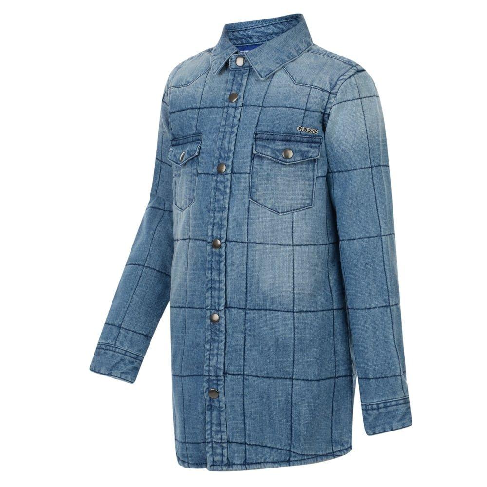 Blue Check Logo - Guess Boys Blue Check Denim Shirt with Gold Logo - Guess from ...