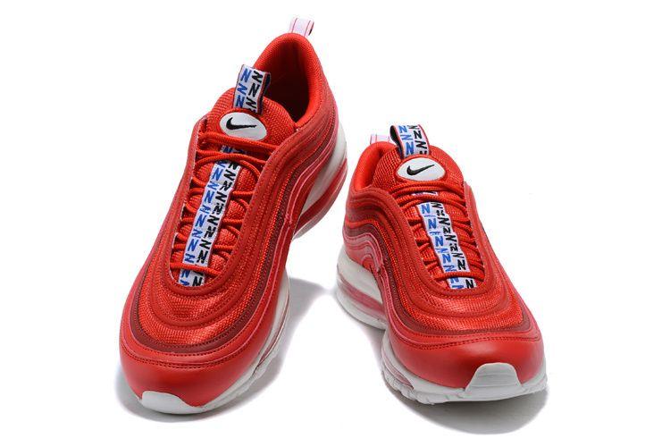 Red White TT Logo - Great Prices Men's Nike Air Max 97 TT Prm Leather All Red White Logo