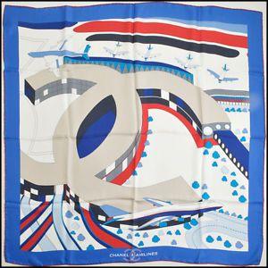 Blue and White Square w Logo - RDC8800 Authentic Chanel Airlines Red/Blue/White CC Logo 90cm Silk ...