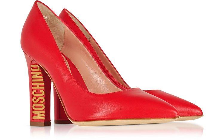 Red Heel Logo - Moschino Gold Tone Logo Heel Red Leather Pumps 35 IT EU At FORZIERI UK