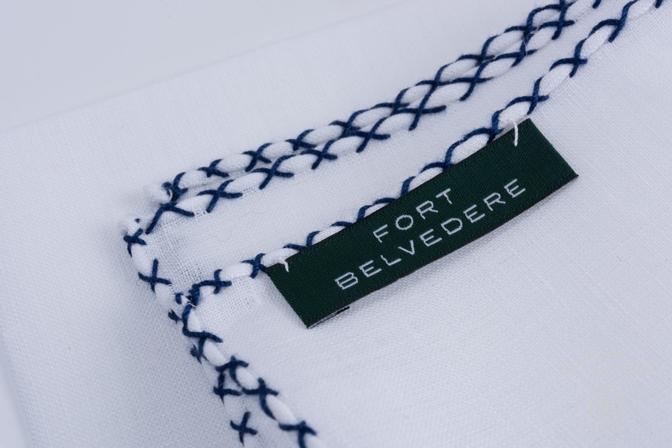 Blue and White Square w Logo - White Linen Pocket Square with Navy Blue Handrolled X Stich - Fort ...