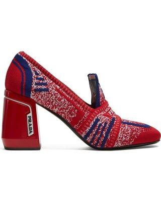 Red Heel Logo - Sweet Savings on Prada - Block Heel Logo Jacquard Loafers - Womens - Red