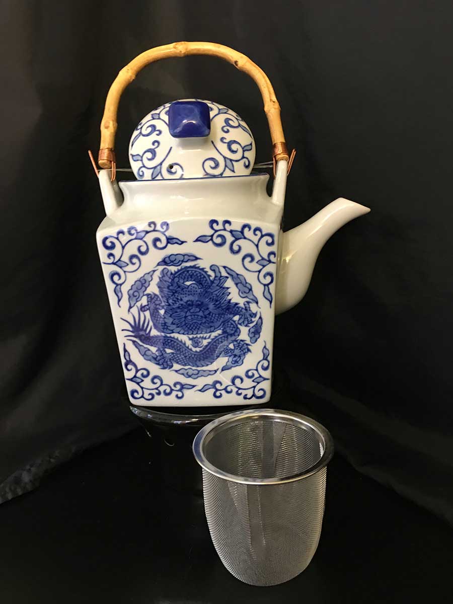 Blue and White Square w Logo - White Square Tea Pot w/ Blue Dragon Motif, Bamboo handle | Emerald ...