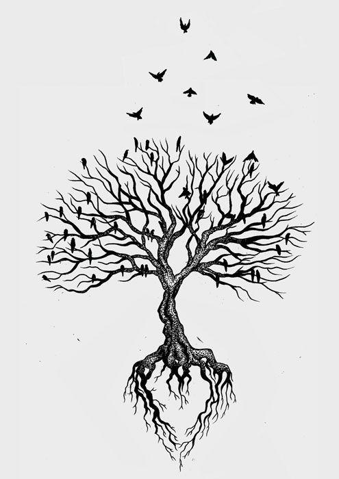 Black Tree with Roots Logo - For my mom. Black tree with watercolor background behind