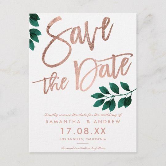 White and Green Leaf Logo - Rose gold script green leaf white save the date announcement ...